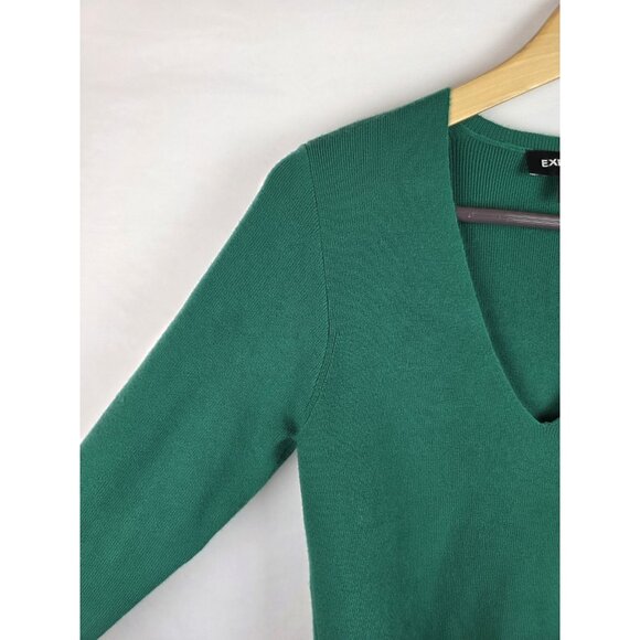 Express Womens Sweater Size Large Emerald Green V-Neck Soft Knit Long Sleeve Top - Picture 5 of 10